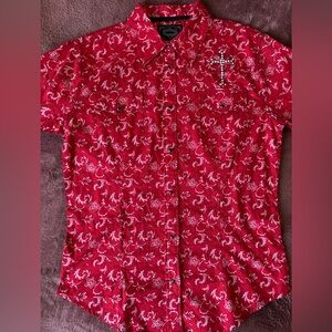 🤠 Cowgirl Hardware Red Western Rhinestone Cross Shirt